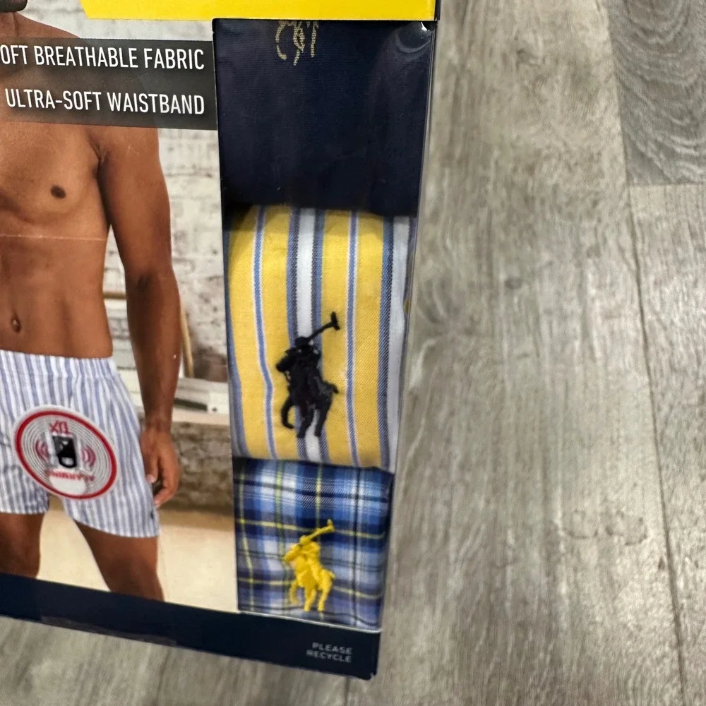 Polo Ralph Lauren Mens 3 Pack Classic Fit Cotton Woven Boxers Blue Yellow Large